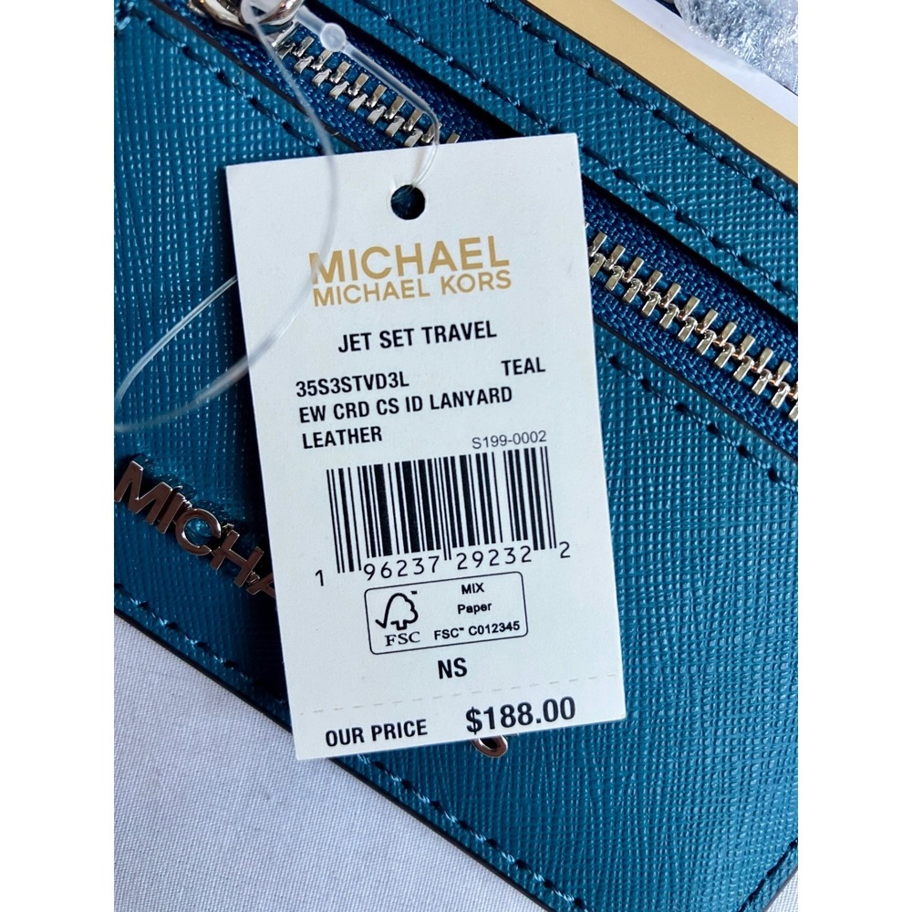Michael Kors Jet Set Travel Teal Leather EW Card Case ID Lanyard NWT - Picture 3 of 4